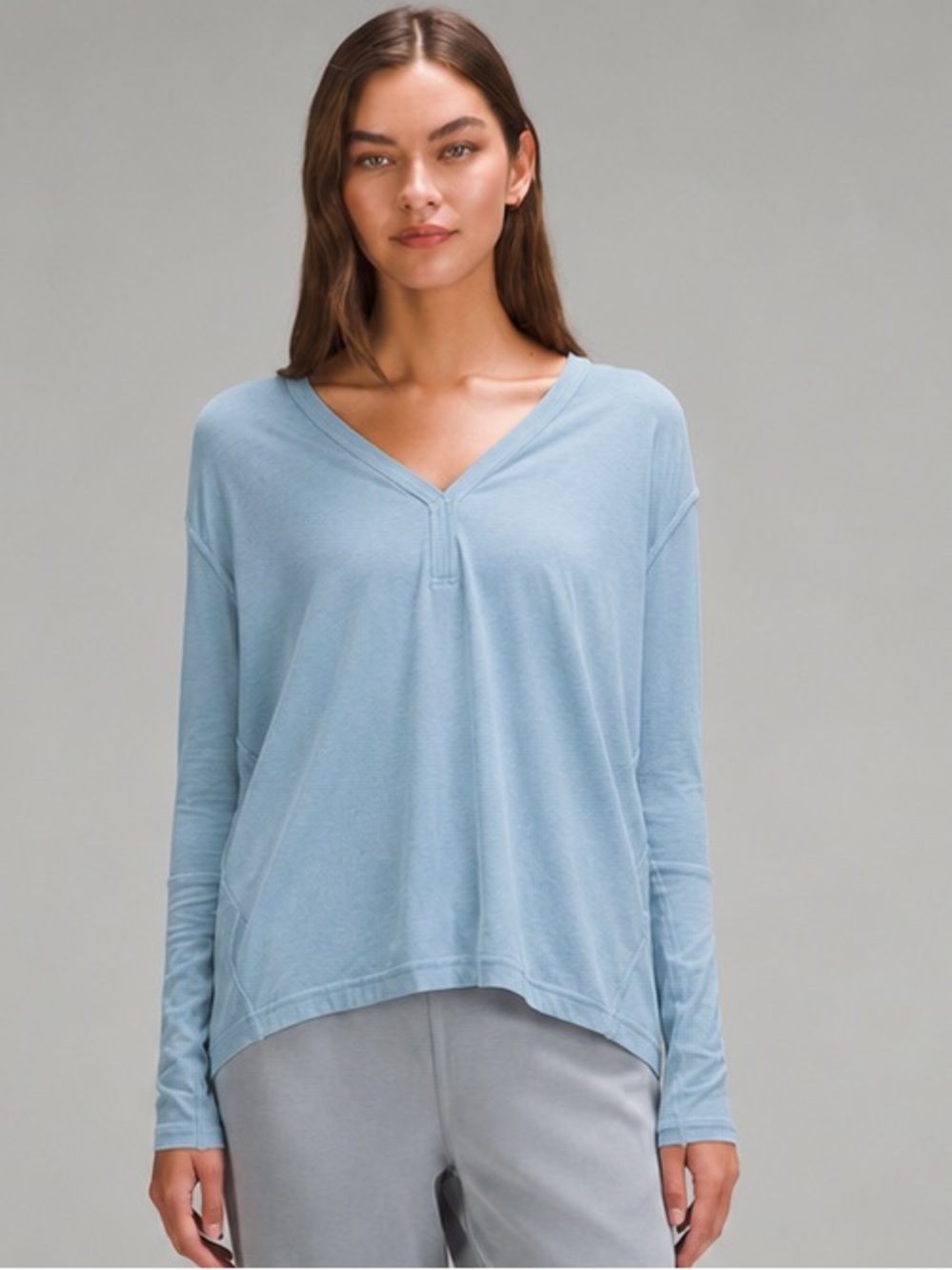 Lululemon Back In Action Pima Cotton V-Neck Long Sleeve Top Gray Blue Oversized